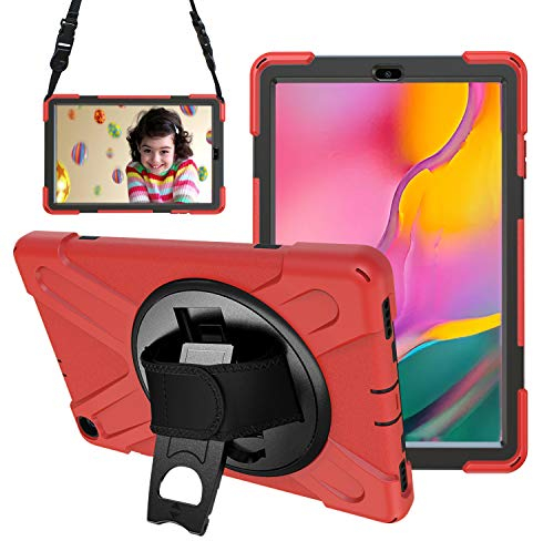 Gerutek Hülle für Samsung Galaxy Tab A T510N / T515N 10,1 2019, Stoßfeste Robust Panzerhülle mit Drehbar Stände, Handschlaufe, Schultergurt Schutzhülle für Samsung Tab A 10.1 2019 T510 / T515, Rot