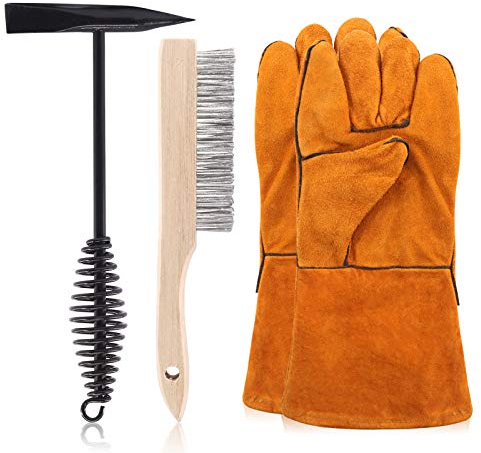 Swpeet 4 martillos de soldadura con cepillo de alambre de 10 pulgadas, herramienta de eliminación de escoria con guantes de soldadura, martillo de soldadura de 10 pulgadas con mango de resorte de