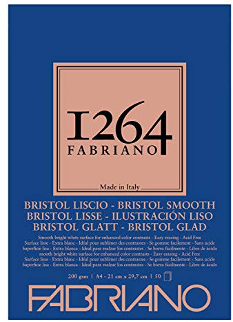 Honsell Fabriano 19100654 Bristol Pad 1264 4-Ply Glued 200 g/m² DIN A4 50 Sheets White Extra Smooth Paper Acid Ideal for All Drying Techniques and Light Wet Techniques