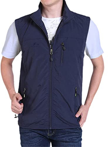 Man tunn vardaglig getkappa, väst med många fickor, sommar dragkedja vanlig väst, Mörkblått, 5XL