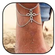 Edary Fußkettchen, Boho-Quaste, Silber, Fußkettchen, Blume, Fußkettchen, Strand, verstellbarer Fußschmuck für Damen und Mädchen