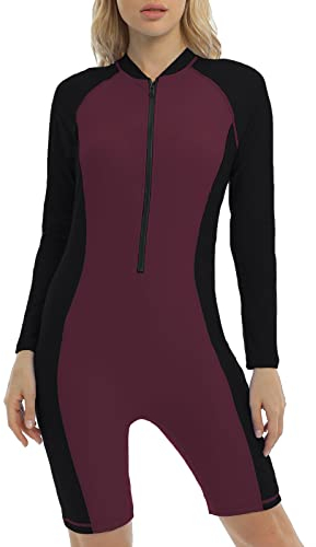 Halcurt Langarm Knielang Reißverschluss vorne Damen Rash Guard Einteiliger Badeanzug L Burgund/Schwarz