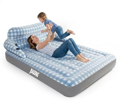 JEASONG Blow Up Mattress King Size Inflatable Mattress with Headboard, 3 Mins Fast Inflation Air Bed, Air Mattress Double Blow Up Bed with Flocked Surface for Camping, Guest, Festivals, 203x152x23cm
