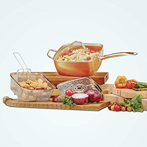 il genio online Padella Copper Antiaderente in Ceramica Padella Quadrata in Rame Coperchio in Vetro per Chef a induzione cestello per friggere e Cottura a Vapore 24 x 9 x 24 cm Senza PFOA Senza PTFE