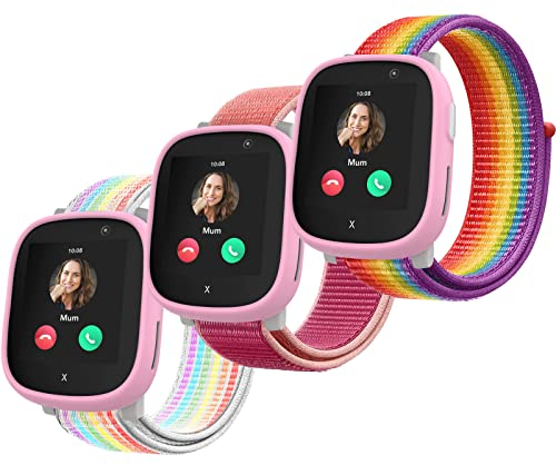 Polyjoy 3 Stück Kinder Nylon Armbänder kompatibel mit Xplora X6 Armband, Kids Smartwatch Mädchen Jungen Weich Verstellbare Ersatzbänder für Xplora X6 Play/Xplora X6 Pro-Regenbogen+Rose+Neon