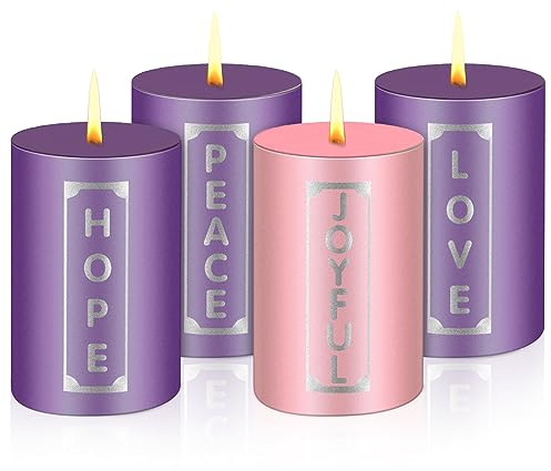 MTLEE Set of 4 Christmas Advent Candles With Words - Pillar Candles for Wreath, Adult Home, Wedding, Church Receptions, Celebrations - Purple Pink (2 x 3'')