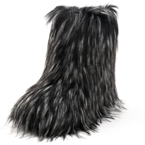 IXU Women's Faux Fur Boot Furry Fluffy Round Toe Suede Snow Winter Women Boots Comfy Plush Warm Short Outdoor Indoor Flat Shoes Mid-Calf Boots