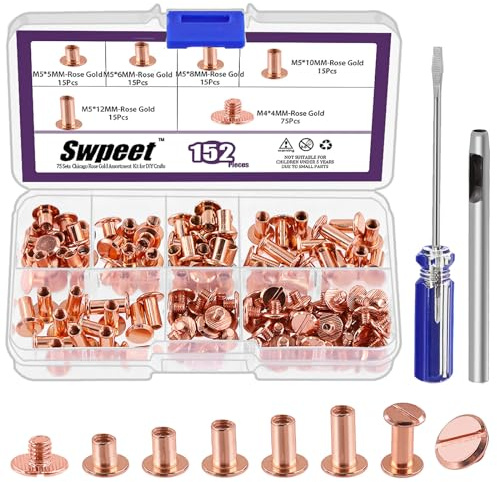 Swpeet Lot de 152 vis M5 x 5 mm, 6 mm, 8 mm, 10 mm, 12 mm, rivets en cuir assortis avec perforeur et tournevis, vis à tête plate ronde pour loisirs créatifs en cuir et reliure de