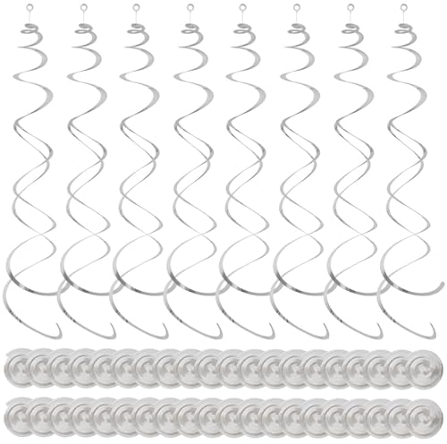 SYEYCW 40 Piezas Serpentinas Cumpleaños Espiral, Remolinos Colgantes, Reutilizables Adornos Colgar Remolino, para Decoración de Cumpleaños, Bodas, Fin de Año o Fiestas de Carnaval (Plata)