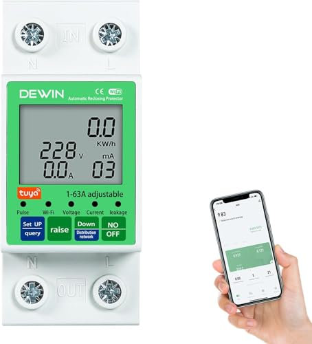 DeWin Compteur Intelligent, Compteur d'énergie Intelligent Compteur électrique WiFi Minuterie Interrupteur avec Protection Contre Les Surtensions et Les sous-tensions 2P 63A AC 80-300V