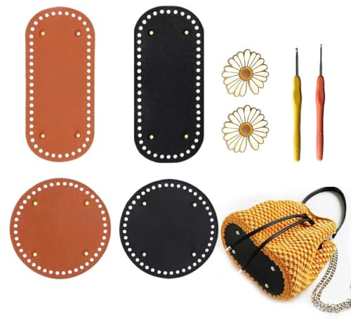 Zzcy Crochet Bolsa Inferior negro/marrón Bolsa Cojín Inferior 4pcs Oval Cojín Inferior de Cuero PU con 2 Agujas de Ganchillo Almohadilla Inferior de Bolso con Agujeros para Bolso Tejida a Mano DIY