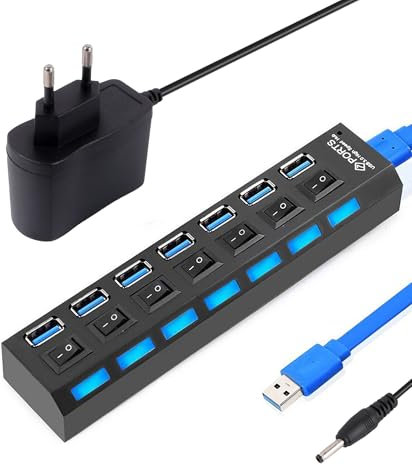 Hub USB 7 Porte: distributore USB portatile 3.0 + 2.0 Singoli interruttori di alimentazione a LED per laptop, PC e altri dispositivi USB (7-in-1(2.0+3.0))