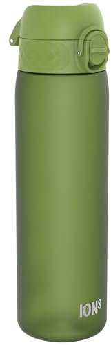 ion8 Trinkflasche, 500 ml, Auslaufsicher, Einhandöffnung, Sichere Verriegelung, Spülmaschinenfest, BPA-frei, Tragegriff, Klappdeckel, Leicht zu Reinigen, Klimaneutral, Khakigrün