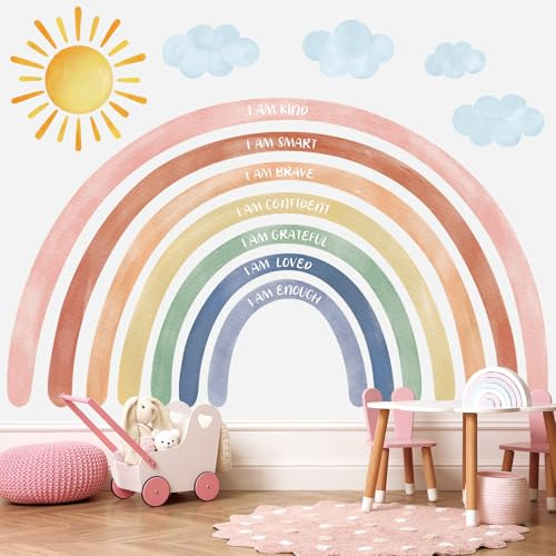 DECOWALL FH4-2432 väggklistermärken akvarell regnbågar och citat extra stora dekaler stora sovrum barnrum dekoration flickor baby konst boho skal och stick moln