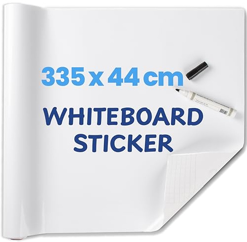 Vinilo Pizarra Blanca Adhesiva para Pared 335 x 44 cm, Rollo de Papel Pizarra Autoadhesivo Antimanchas, Borrado en Seco para Oficina, Hogar y Escuela