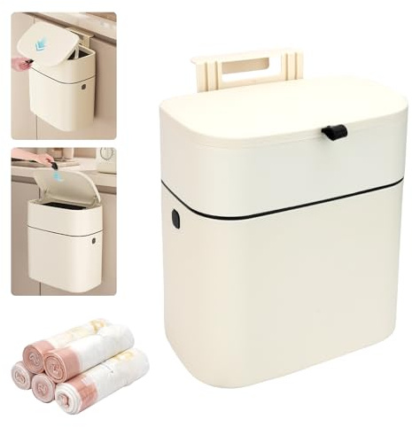 SICANAUO Pattumiera da cucina, 9 l, da appendere, con coperchio, per rifiuti alimentari, con 5 rotoli di sacchetti della spazzatura, cestino per compost da parete, per armadio da cucina, sotto