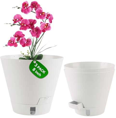 Macetas de 20 cm con autorriego para interiores, macetas de plástico con orificio de drenaje y platillo, 4 paquetes de macetas ligeras para jardín para plantas de interior