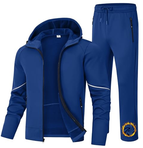 BGOWATU Men's Fleece Lined Tracksuits Set Jacket Hoodie Sweatsuit Running Sport Pants Outfits for Men with Zipper Pockets Royal Blue S