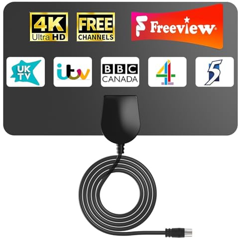 Indoor TV Aerial for Freeview UK – Long Range 360° Digital HDTV Aerial, Strong VHF/UHF/DAB Reception, 4K 1080P HD, Clear BBC ITV Local Channels, Easy Setup for Smart & Older TVs