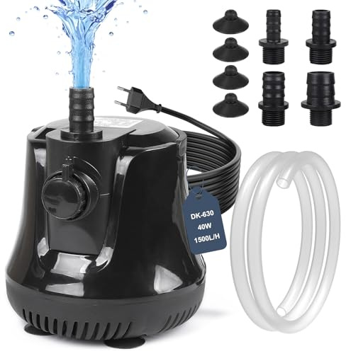 EFUTURETIME Vattentät vattenpump 40 W 1 500 l/h tyst akvariepump med justerbar strömbrytare, 4 munstycken, 3 m kabel motorvattenkälla för damm trädgård fontän