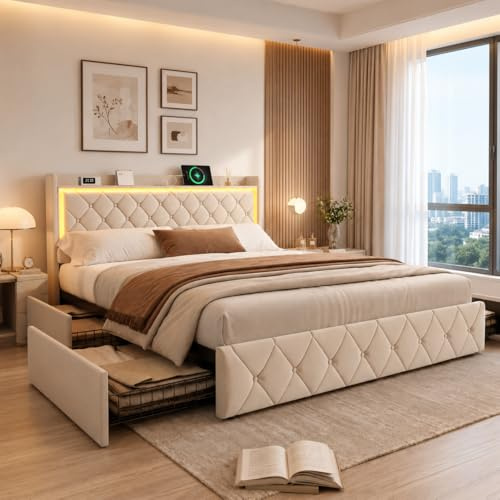 BRILVERDE Cama tapizada de 160 x 200 cm con espacio de almacenamiento, 4 cajones, cama doble con USB/LED, cama funcional con cabecero, somier, terciopelo (beis, 160 x 200 cm)