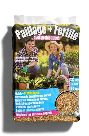 Générique Paillage + Fertile® – Pailles de roseaux défibrées enrichies en probiotiques 125L – Paillis Naturel Anti-limaces, stimule la Vie du Sol, protège Les Racines (Sac unitaire)