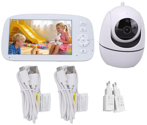 YWBL-WH Monitor para Bebés, Pantalla LCD de 5 Pulgadas con Resolución 720P, Inclinación Panorámica de 360°, Visión Nocturna con Zoom 2X, Tiempo de Espera de 35 Horas, para (Enchufe de la UE 100-240V)