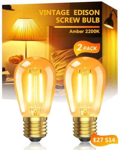 Luxvista Ampoule LED E27 Vintage Décorative, 2W Équivalent 20W, Filament Édison S14, 2200K Blanc Très Chaud (Ambre), Culot Doré, 155 Lumens, Non Dimmable, 230V, Lot de 2