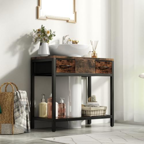 Gyfimoie Under Sink Bathroom Cabinet, Bathroom Floor Cabinet with 2 Drawers,Bathroom Sink Cabinet with U-Shape, Rustic Brown Under Sink Storage for Bathroom,30 x 60 x 60 cm