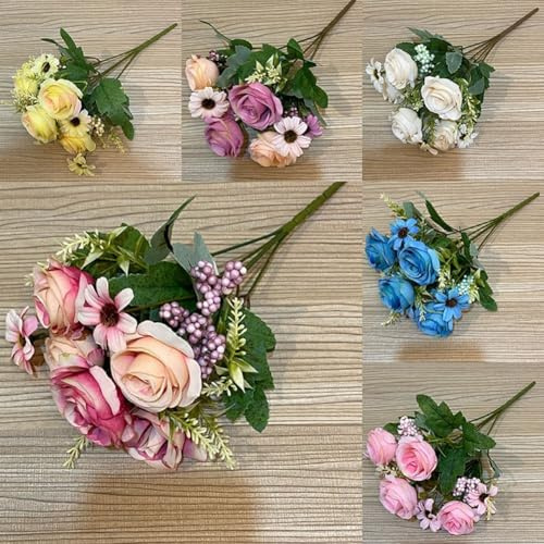 PureBowlic Konstgjord rosbukett för tusenskönor, nordisk stil silkesblommor för bröllop bordsuppsats och dekor, elegant vit blomsterarrangemang, realistiska falska blommor (glittrande vin)