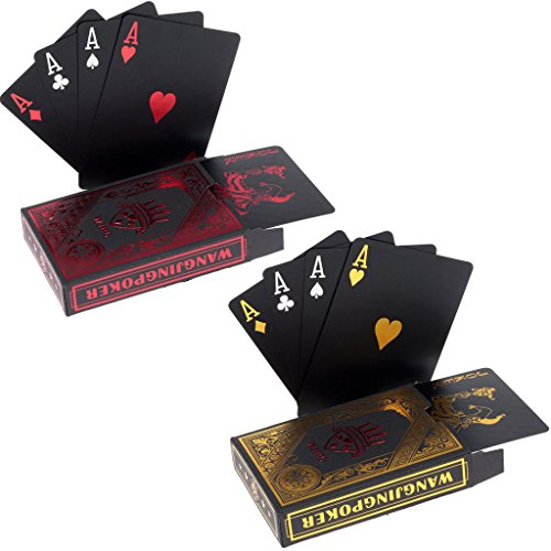 2 x Playing Cards Schwarze Wasserdichtes Pokerkarten Plastik Spielkarten aus PVC Profi Premium Spielkarten für Texas Holdem Poker - 1 Red & 1 Gold