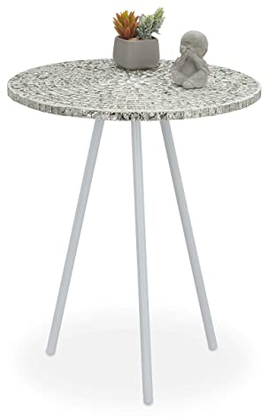 Relaxdays Mosaik-Beistelltisch, rund, kunstvoller Schminktisch, handgefertigt, einzigartig, H x T: 50 x 41 cm. Weiß, 50 x 41 x 41 cm.
