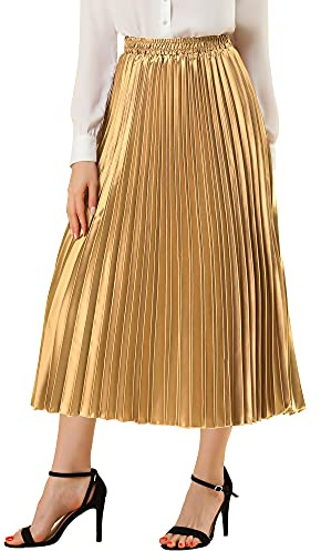 Allegra K - Gonna a Pieghe da Donna con Chiusura a Zip e Fisarmonica Metallizzata Oro S