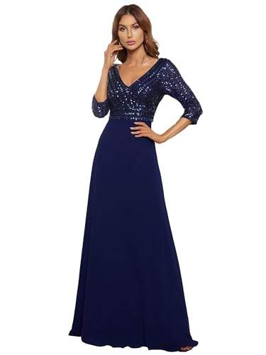 Ever-Pretty Vestiti da Cerimonia Elegante Manica Lunga Scollo a V con Paillettes Linea ad A Chiffon Donna Blu Navy 44