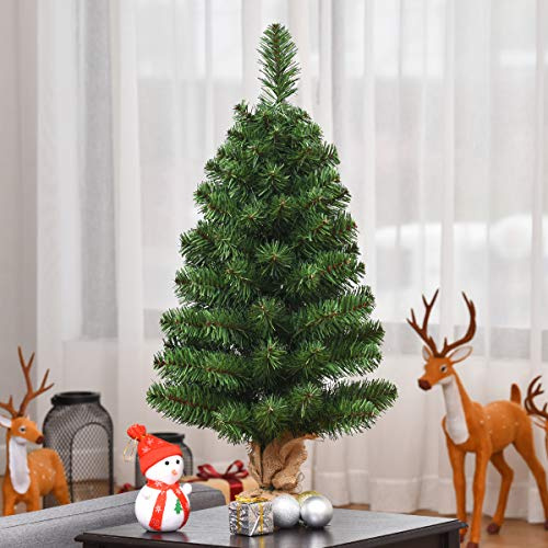 COSTWAY Mini Sapin de Noël Artificiel, Arbre Artificiel Hauteur 90 CM en PVC avec 96 Branches, Arbre de Noël avec Base Stable de Ciment en Toile de Jute, Vert (90 CM)