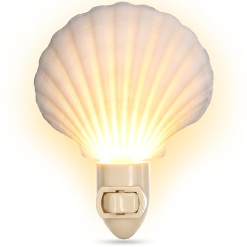 Nautical Crush Trading Seashell Night Light – Beach Night Light with White Clam – Shell Light for Bathroom – Sea Shell Lamp – Seashell Lamp Plug Into Wall