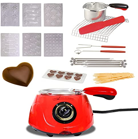 Total Chef Electric Chocolatiere Melter 32+ Accessories Fondue Pot Set Chocolate Fountain and Candy Melts 8.8 oz (250 g) DIY Candy Maker Dessert Special Occasion Gift Set for Romantic Dinner Red