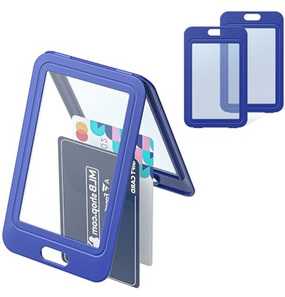 Uniclife 3 Pack ID Badge Holder with Double-Sided Windows Vertical Hard Plastic Case Blue Card Protector Pouch for Office School ID Credit Cards Proximity Key Cards Driver’s Licenses and Passes