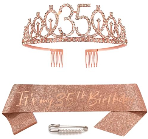 Huture Ensemble couronne et écharpe pour 35e anniversaire – Strass or rose – Femme Adulte – Célébrants de 35e anniversaire