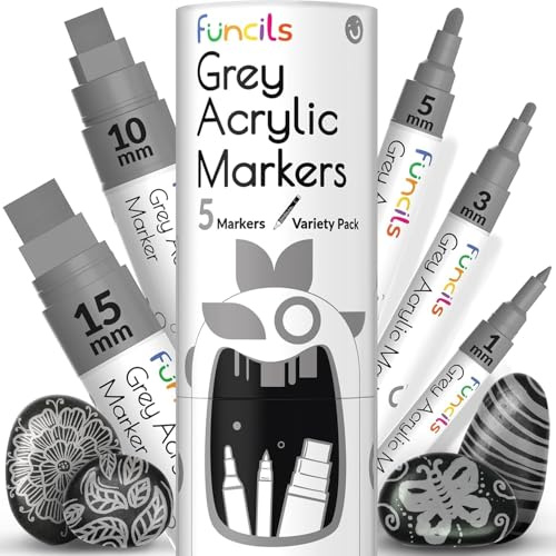Funcils 5 Grey Paint Pen - Grey Acrylic Paint Marker for Wood, Fabric | Fine Tip, Thin Point & Jumbo Pens (1mm, 3mm, 6mm, 10mm, 15mm) for Canvas, Rock Painting, Tire, Metal, Glass - Water-based ink