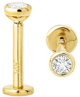Jewelry Avalanche 16G 14K Yellow Gold Bezel Set 2.5mm (0.08ct) Diamond Labret Monroe Stud 8mm Post Flat Disk Bottom Lip Ring Tragus Stud Internally Threaded 14KLBRT-BZ25WD8YG
