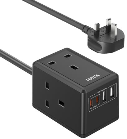 Extension Lead with USB C Slots, FDTEK Mini Plug Extension Cube with 3 way Outlets and 4 USB Ports, Travel Extension Socket with 1.5M Cord, UK Mountable Power Strip for Home Office Cruise-Black