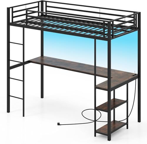 LIFEZEAL Hochbett 90 x 200 cm, Etagenbett mit Schreibtisch & 3 Regalen, Ladestation, LED-Lichtern, Metallbett mit Barriere, für Kinder, Jugendliche, Belastung 200 kg (Schwarz)