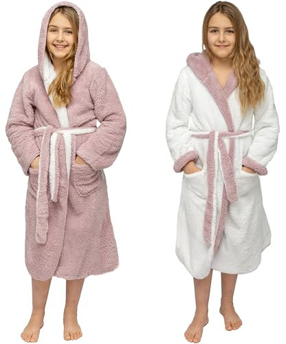 CalmyLIFE Bademantel Kinder Mädchen Jungen - mit Wendefunktion und Kapuze Teenager kuschelige Bademäntel für Jungs Kinderbademantel (146/152 Altrose/Weiss)