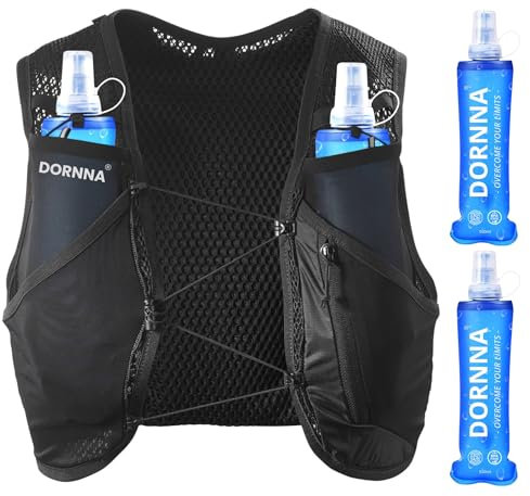DORNNA Light Edition V1 - Laufweste Damen und Herren mit 2 Trinkflasche 500 ml, Running Vest, Laufrucksack, Trinkrucksack Laufen. (Schwarz, M-L)