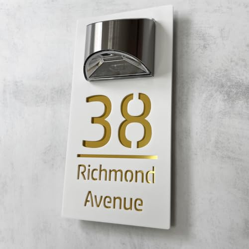 House Numbers Plaques With Solar Light House Numbers Door Signs Personalised Door Number For Wall Name Outside (White and Mirror Gold)