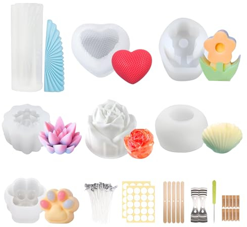 JJKOL 7 Pièces Moule Bougie Silicone, 3D DIY Moule Silicone à Bougie, pour Fabrication de Bougies Parfumées, Savons, Décorations, Avec 50 Mèches, 40 Autocollants, 10 Étiquette 7 Supports et 1 Poinçon