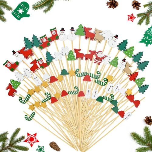 WEFHEF 200PCS Palillos de Cóctel de Navidad, Navidad Pinchos de Cocktail de 12cm Largo, Brochetas de Cóctel de Madera con 10 Diseños Navideños para Frutas,Pasteles,Postres Cumpleaños,Fiesta, Navidad