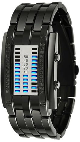 NUMNBE Reloj LED Binario Digital, Movimiento de Cuarzo, luz de Fondo Azul, Acero Inoxidable - exhibición de Alta tecnología, Agua 50m, Elegante para Hombres para papá Marido de Novio (Type 2)