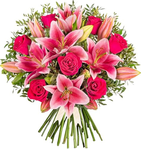 Handbunden bukett med färska blommor: Rosa rosor och liljor levererade till födelsedagar och alla tillfällen! (Stor)